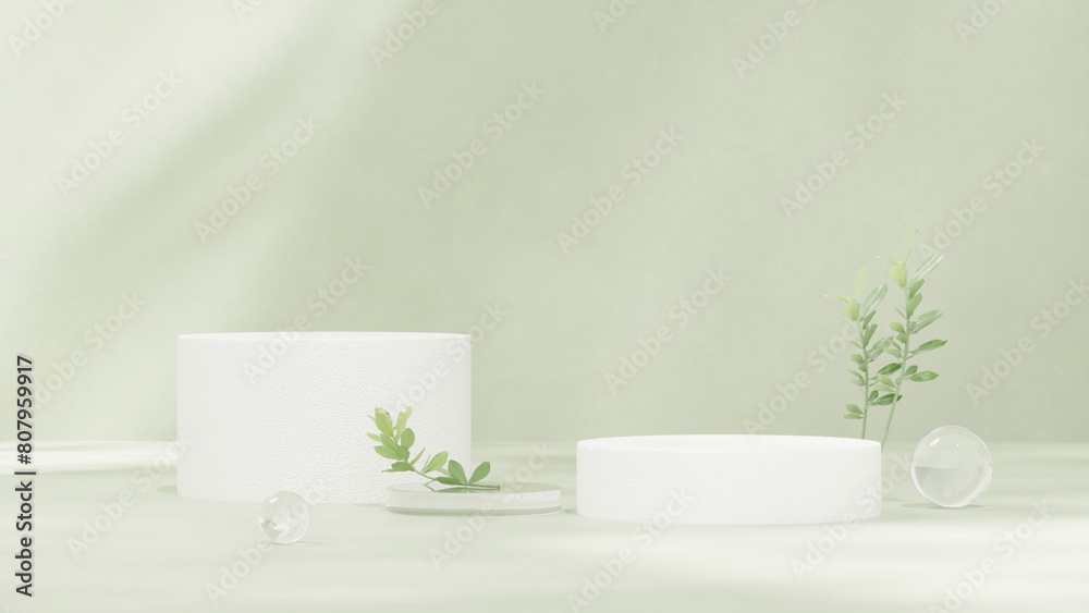 3D render of abstract pedestal podium display with leaves product for advertising in landscape 3D render of abstract pedestal podium display with leaves product for advertising in landscape