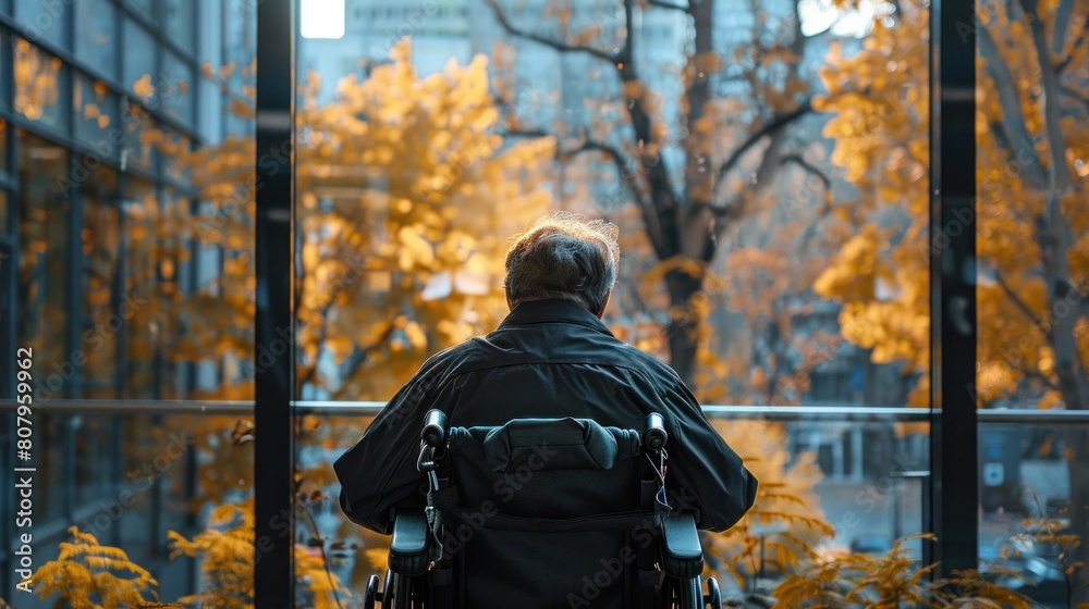 The disabled person in a wheelchair at work place.