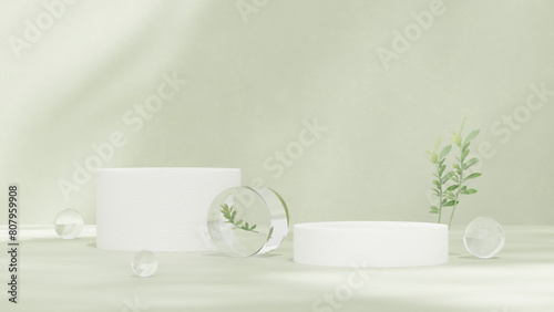 3D render of abstract pedestal podium display with leaves product for advertising in landscape