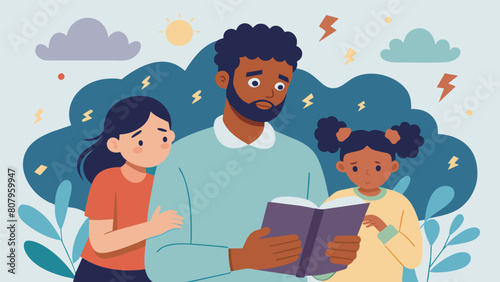 A father reading a book recommended by his the learning about the different types of anxiety disorders and how he can support his daughter who. Vector illustration