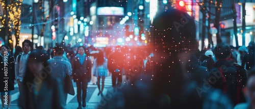 An evening crowd of business people walking on a busy urban city street is tracked using technology. CCTV AI Facial Recognition Big Data Analysis Interface is scanning, displaying important
