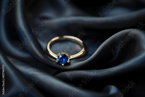 gold ring with blue sapphire on a blue satin background
