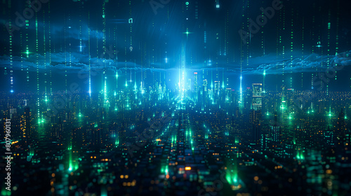 Aerial view of a neon city bathed in blue and green hues  featuring digital rain and vibrant light flares  from a high angle - Generative AI