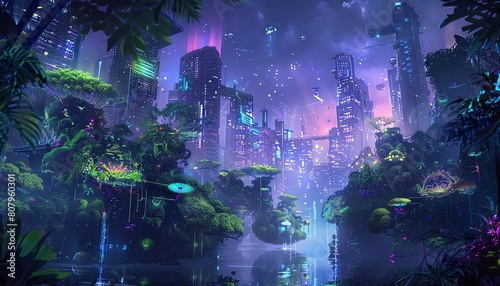 Capture a futuristic cityscape engulfed in soft