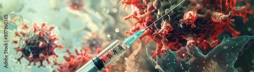 A dynamic 3D animation showcases a syringe delivering a powerful virus vaccine, encapsulating hope, Sharpen Vintage border illustration template with copy space on center photo