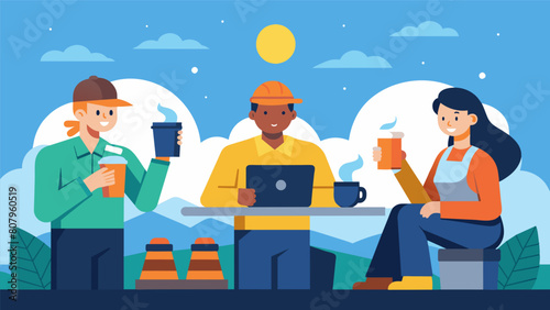 The workers took a quick break to refuel with hot coffee and snacks knowing that there was still much to be done before the sun rose higher in the. Vector illustration