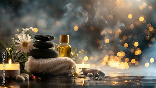 Spa foggy background. Towels, candles, chamomile, massage stones, olive oil and herbal balls. Spa Massage, oriental therapy, wellbeing and meditation concept. photo