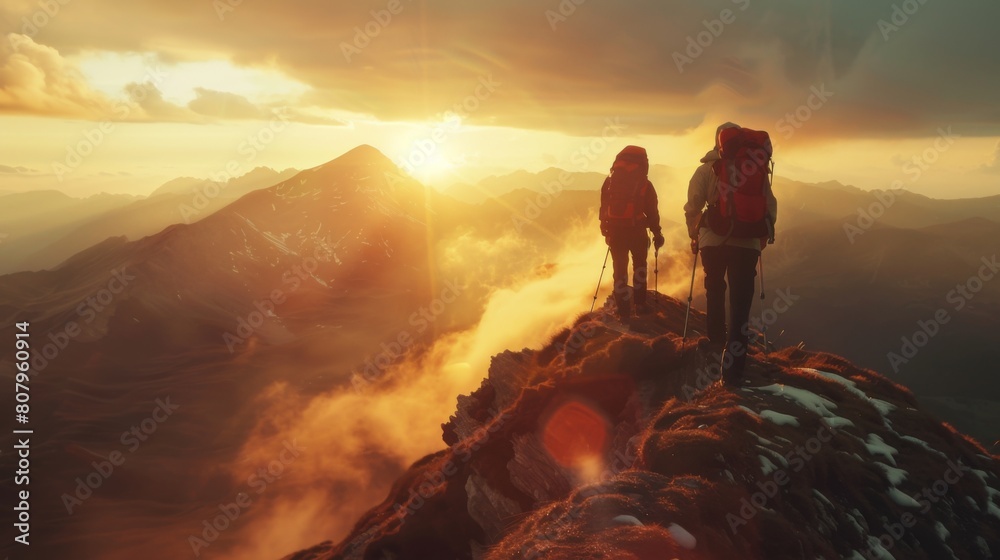 Fototapeta premium Cinematic shot of two hikers with backpacks reaching the summit, standing on top of mountain peak at sunset, epic landscape