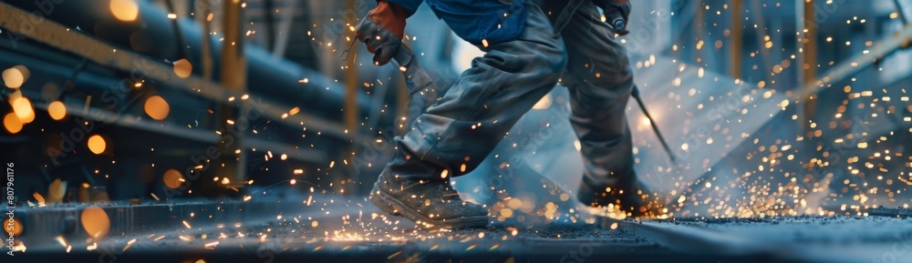 Close up of a worker in a blue shirt and gray pants using an angle brush to smite a steel sheet with sparks flying everywhere, in the background is a black metal beam, shot on a S Close up of a worker in a blue shirt and gray pants using an angle brush to smite a steel sheet with sparks flying everywhere, in the background is a black metal beam, shot on a S