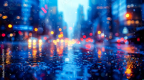 Rain-drenched city streets gleaming with reflections of urban lights at night. - Generative AI