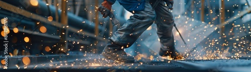  Close up of a worker in a blue shirt and gray pants using an angle brush to smite a steel sheet with sparks flying everywhere, in the background is a black metal beam, shot on a S photo