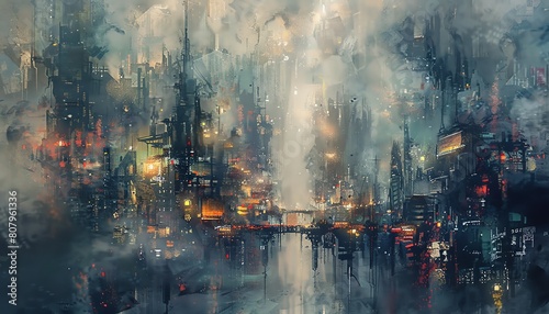 Capture a low-angle view of a dystopian cityscape, blending the chaos and beauty into an impressionistic masterpiece with somber tones and blurred edges