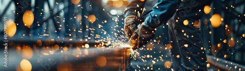  Close up of a worker in a blue shirt and gray pants using an angle brush to smite a steel sheet with sparks flying everywhere, in the background is a black metal beam, shot on a S
