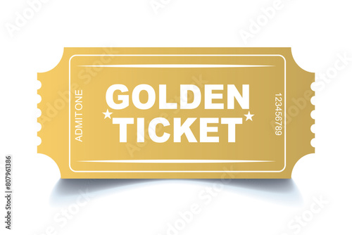 3d golden tickets. Three-dimensional golden ticket with stars and the inscription "Admit one". Vector illustration.
