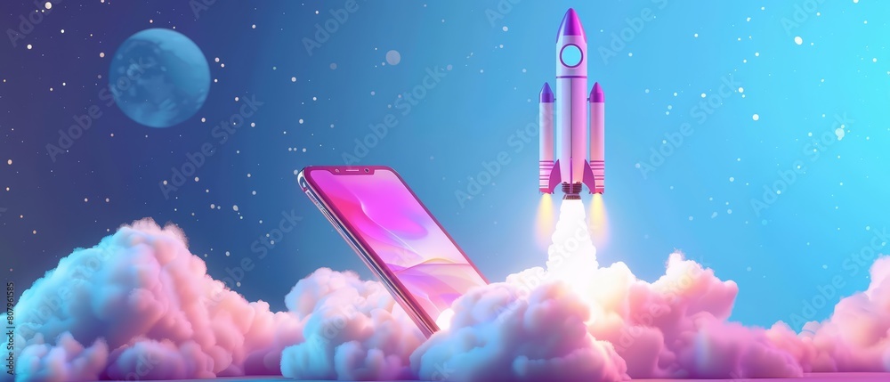 Fototapeta premium A rocket launches with clouds from a smartphone, depicted in the futuristic business research banner, Sharpen banner template with copy space on center