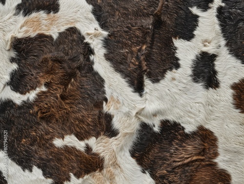  Close up of cow skin pattern, with dark brown and white spots. The pattern is in the style of a cow's hide, with splotches of brown and white colors.