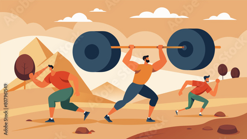 A team of weightlifters pushing themselves to the limit their determination evident as they lift heavy tires in a rugged desert setting.. Vector illustration