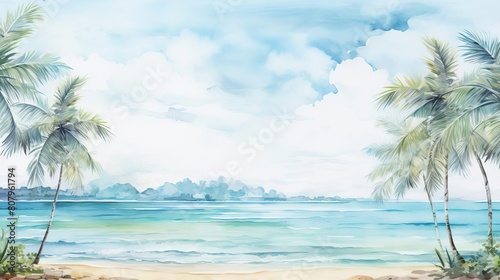 Watercolor tropical beach setting with gentle waves and a clear horizon designed with a large area for copy space.