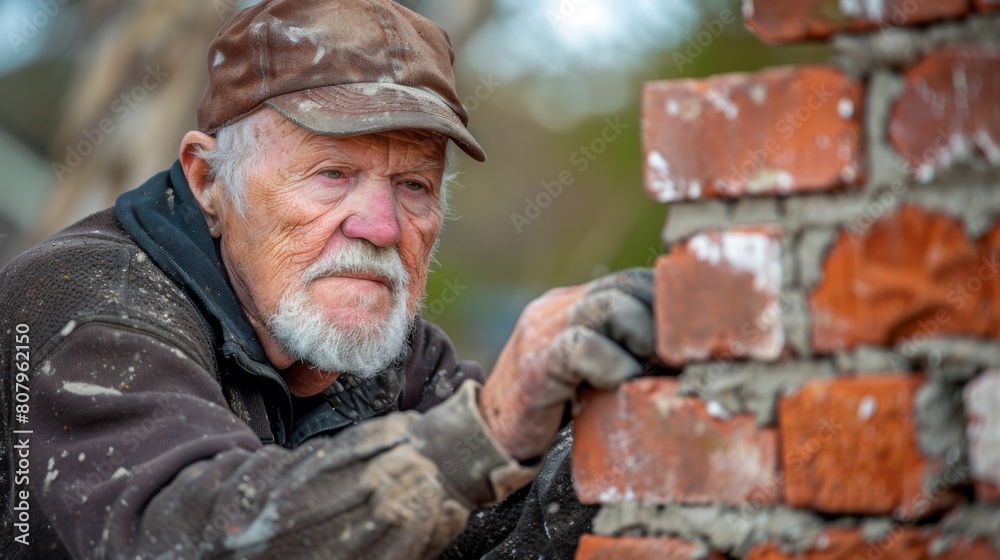 An older man is working on a brick wall with his hands, AI