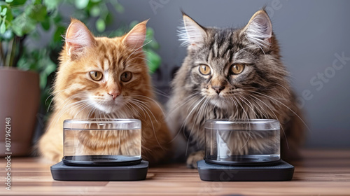 Two cute domestic cats sit next to water bowls in a modern minimalist design. Fashionable products for pets.