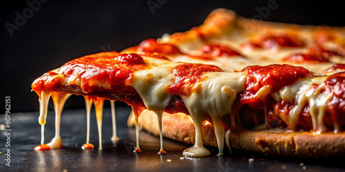 Gooey Mozzarella Cheese and Tomato Sauce Pizza on Black Background Close-Up Shot