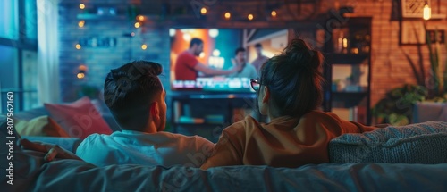 During the weekend, a boyfriend and girlfriend sit on the couch watching TV while joking and talking with two hosts on the TV channel, a cozy living room with loft interior design.