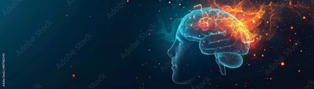 Admire the abstract representation of a glowing brain in a profile view, enhancing a futuristic science research banner, sharpen banner template with copy space on center