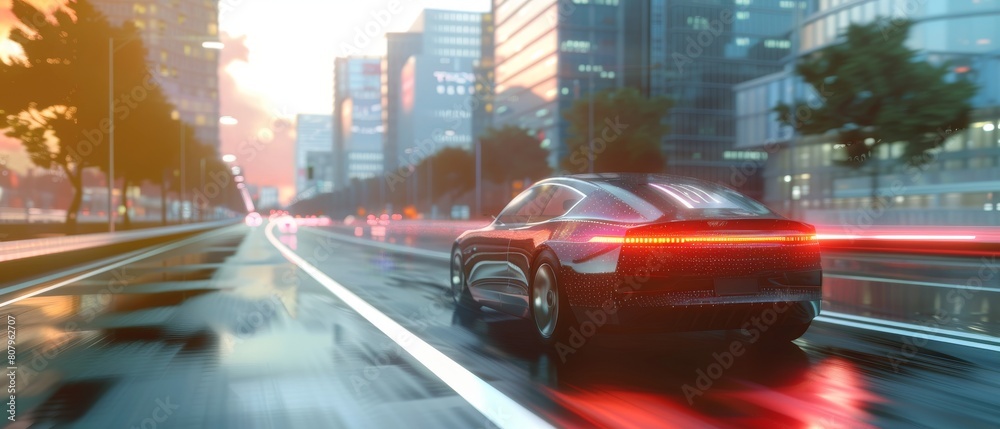 The Autonomous Self-Driving 3D Car Moves Through Modern City Highway. The AI Sensors Check The Road Ahead for Vehicles, Danger, Speed Limits. The Front Following View is shown.