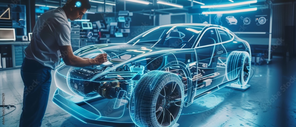 An automotive engineer and designer are working together on a 3D electric car design using Augmented Reality on smartphones. Graphical Engine, Battery, Chassis, and Body are collected and created