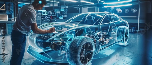 An automotive engineer and designer are working together on a 3D electric car design using Augmented Reality on smartphones. Graphical Engine, Battery, Chassis, and Body are collected and created photo