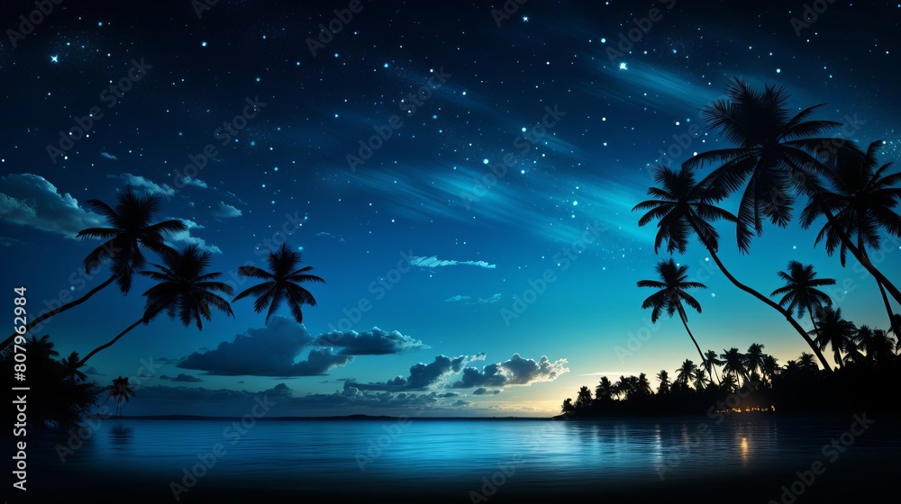 Tropical night scene with a starry sky and silhouette of palm trees offering a tranquil top half for copy space.