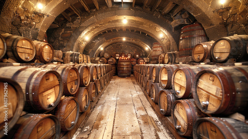 Whiskey  scotch  bourbon  scottish wine in barrels for aging  modern alcohol production. Winery  storage cellar. 