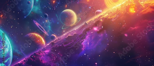 An illustration of a fantasy space portrays a whimsical galaxy with whimsical creatures and vivid planets  Sharpen banner template with copy space on center