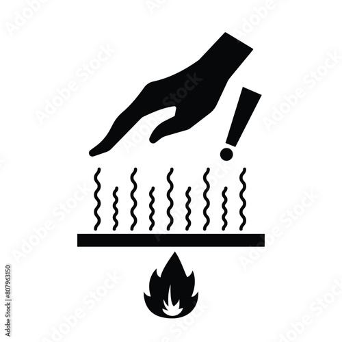 Caution hot surface temperature do not touch shadow silhouette icon illustration isolated on square white background. Simple flat poster sign graphic design for prints drawing.