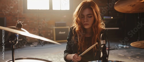 An expressive drummer girl plays the drums in a bright loft sound room. A rock band musician learns a new drum solo. photo