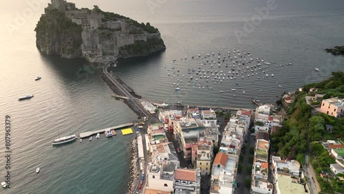 Aerial view of Ischia bridge and Aragonese castle. Ischia an island in Naples