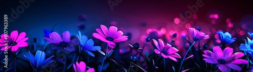 A field of wildflowers, foreground sharply focused against a dreamy bokeh of sunset, vivid colors, eyelevel view photo