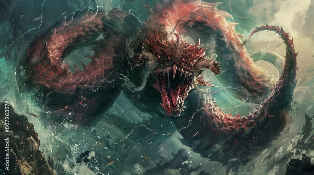 A giant sea serpent with red scales and a gaping mouth filled with sharp teeth emerges from the depths of the ocean.