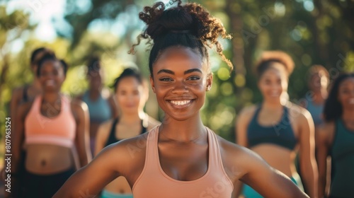 Smiling Woman Leading Fitness Group