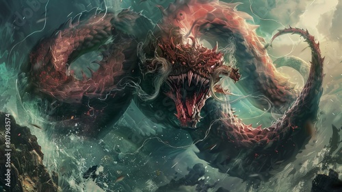 A giant sea serpent with red scales and a gaping mouth filled with sharp teeth emerges from the depths of the ocean. photo