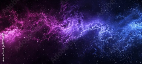Black background with a gradient of purple and blue lights. The artwork is in the style of an abstract piece with blended colors reminiscent of a night sky. photo