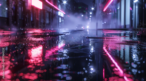Midnight black neon contours in a deserted street scene  reflections on wet asphalt  misty night.