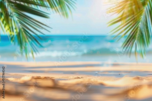 Holiday summer concept. Beach with sand and palm leaves in blur. generative ai. © SEUNGJIN