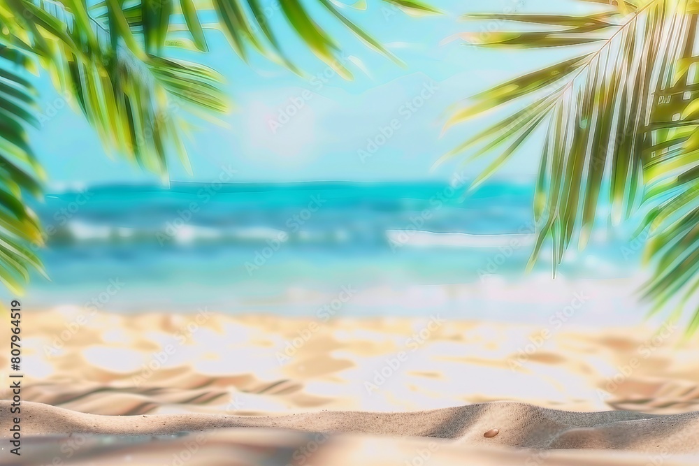 Holiday summer concept. Beach with sand and palm leaves in blur. generative ai.