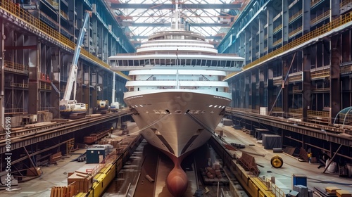 Construction of Modern Ship in Dry Dock: Shipbuilding and Cruise Liners photo