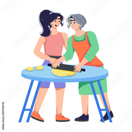 Easy to use flat illustration of mother cooking with daughter 