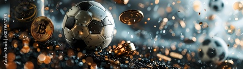 Delve into the sports betting world with our dark web banner featuring a champion cup, gold coins, and sport balls, Sharpen banner with space for text photo