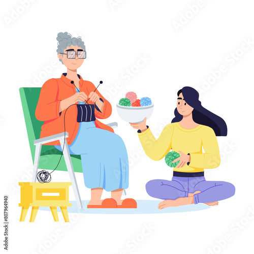 A handy flat illustration of grandma knitting 