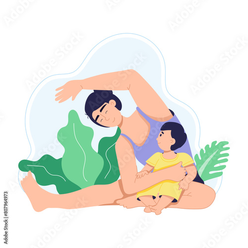 Latest flat character illustration of mom yoga 