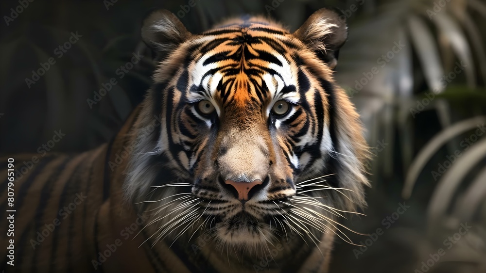 Closeup portrait of a majestic Sumatran tiger in the jungle. Concept Wildlife Photography, Tiger Conservation, Jungle Expedition, Nature Close-ups, Majestic Animal Portrait